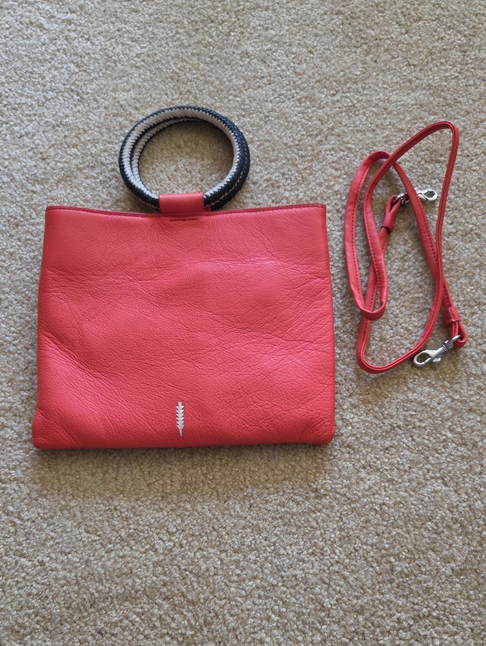 THACKER Le Pouch Coral Red Leather Crossbody or Clutch with Woven Ring Handles